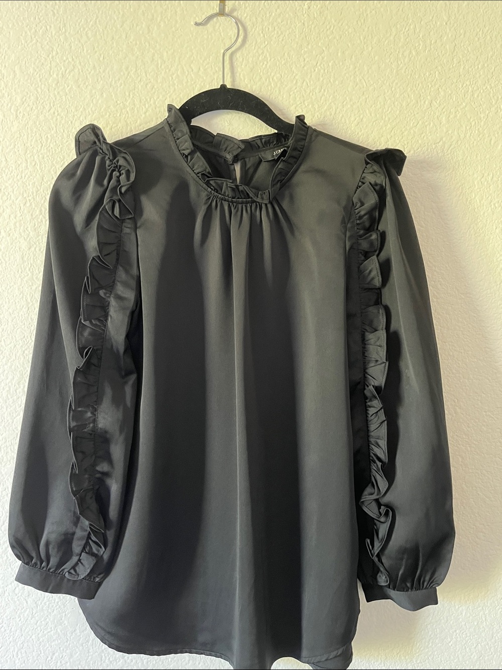 J. Crew Black Ruffle-Trim Puff Sleeve Blouse